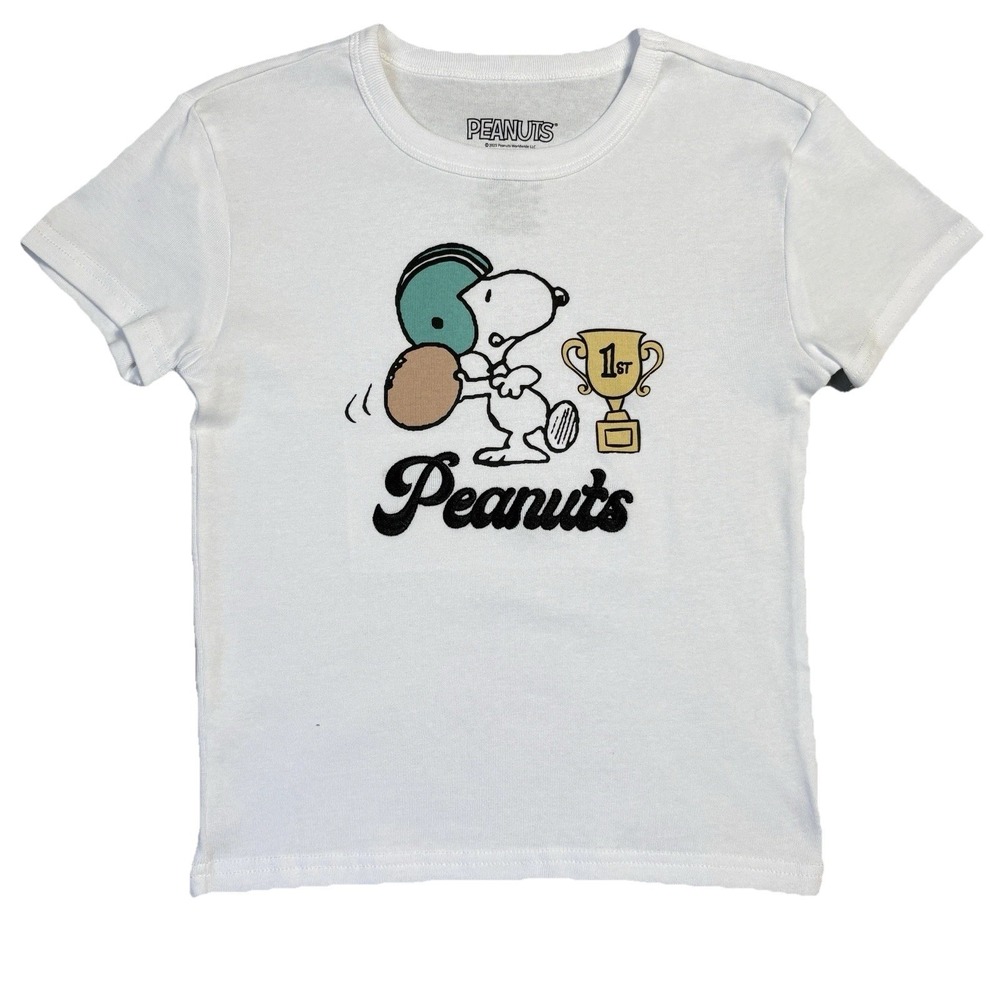 NWT Peanuts Snoopy Football Trophy Graphic T‎ Shirt Women S White Cartoon Tee
